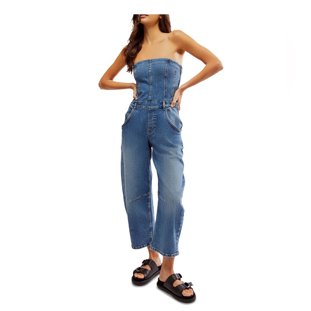 Free People denim barrel leg jumpsuit